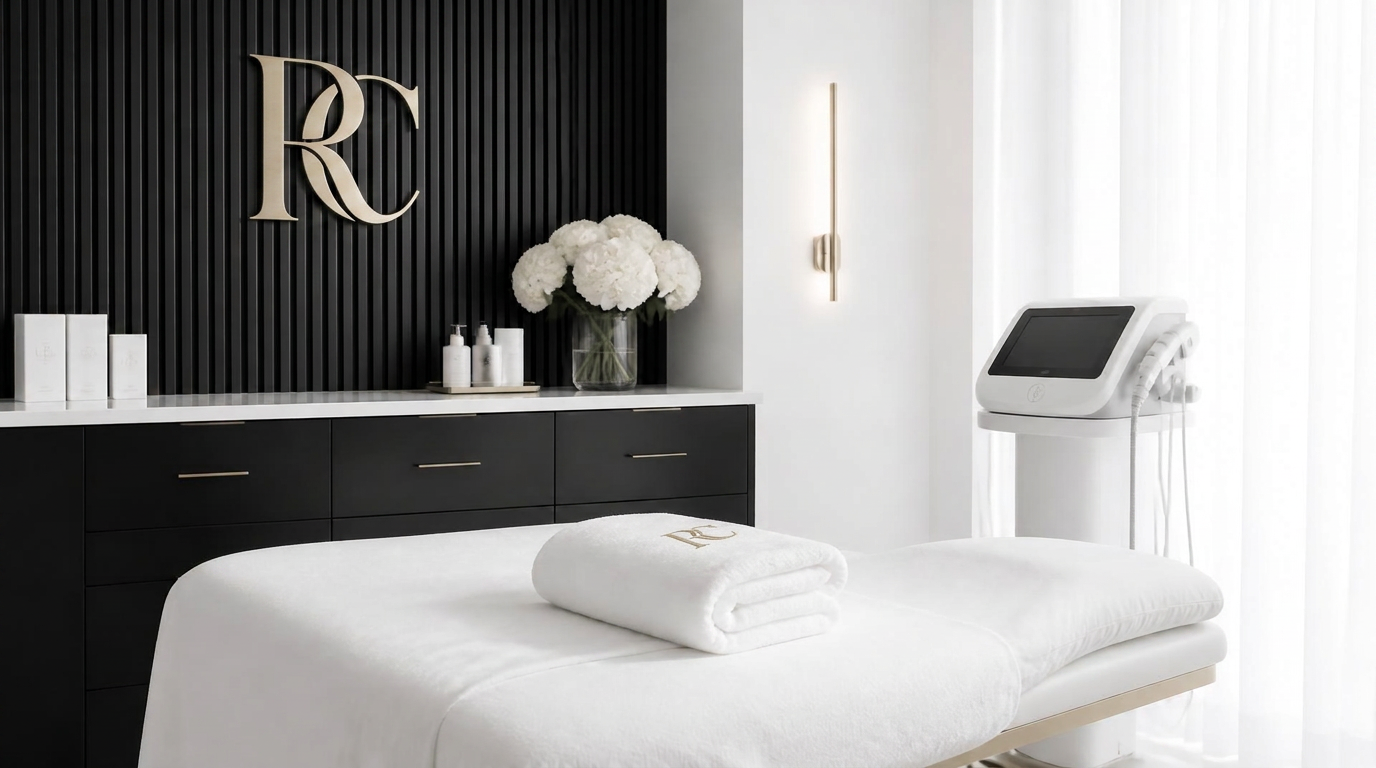 Royal Costhetics treatment room — white and black minimalist clinic interior with champagne gold accents